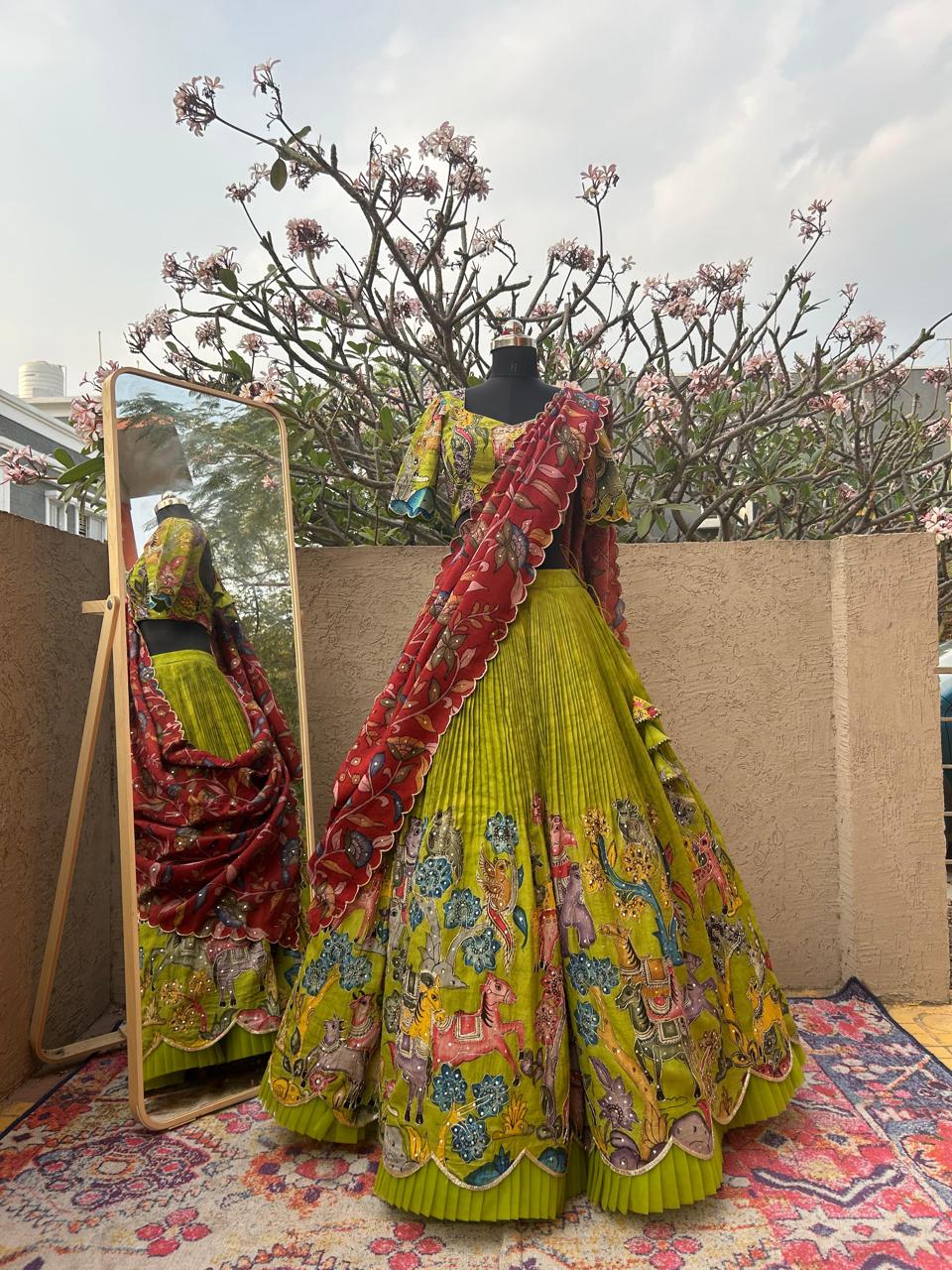 Parrot Green Bridal Kalamkari Silk Lehenga