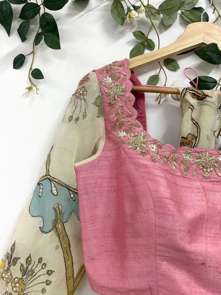 Cream Pen Kalamkari Organza Silk Saree