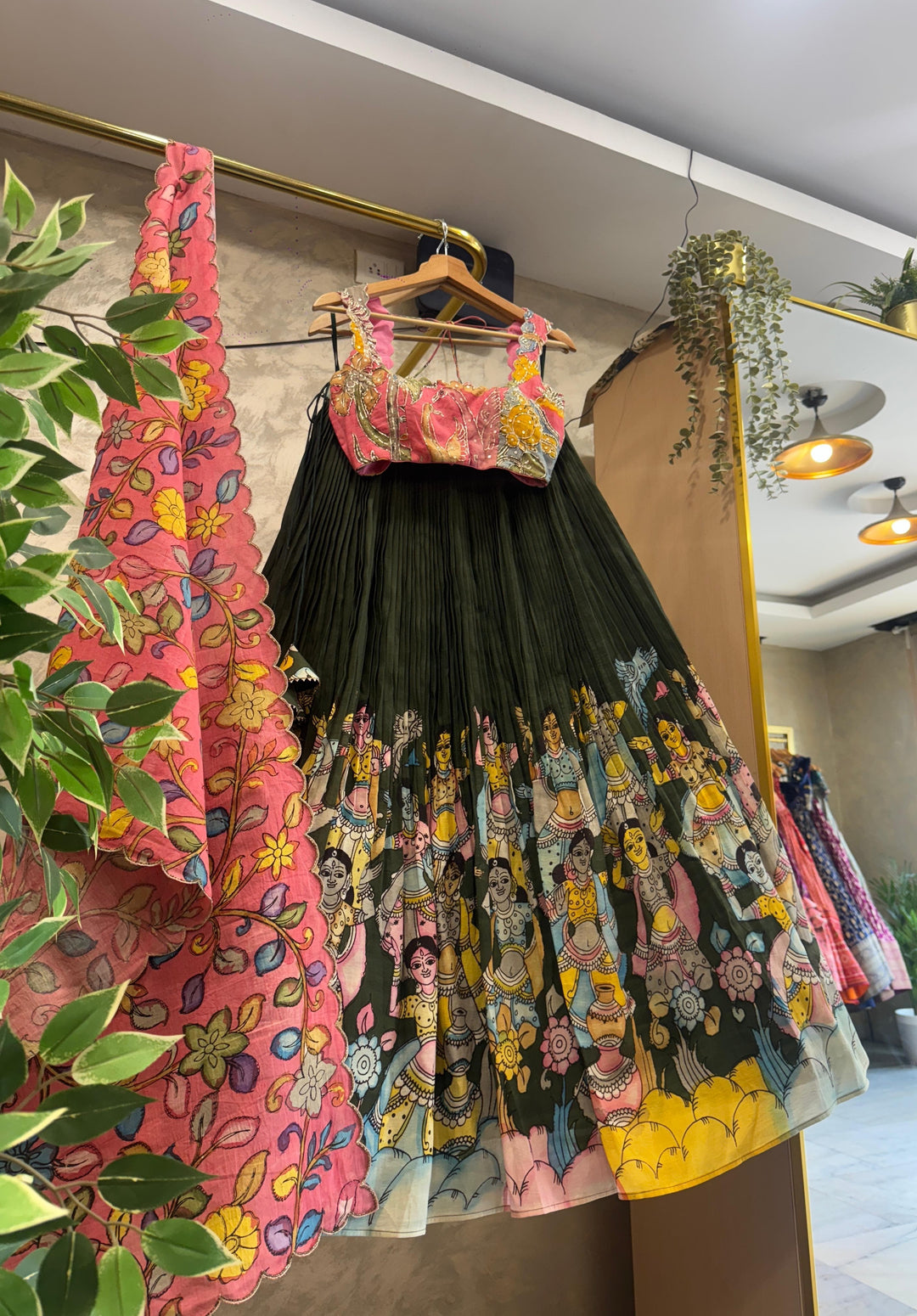 Pink and Yellow Pen Kalamkari Lehenga