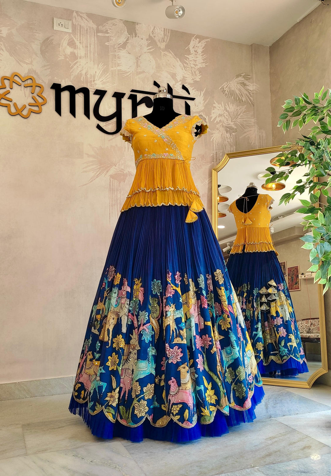Yellow & Blue Kalamkari Lehenga