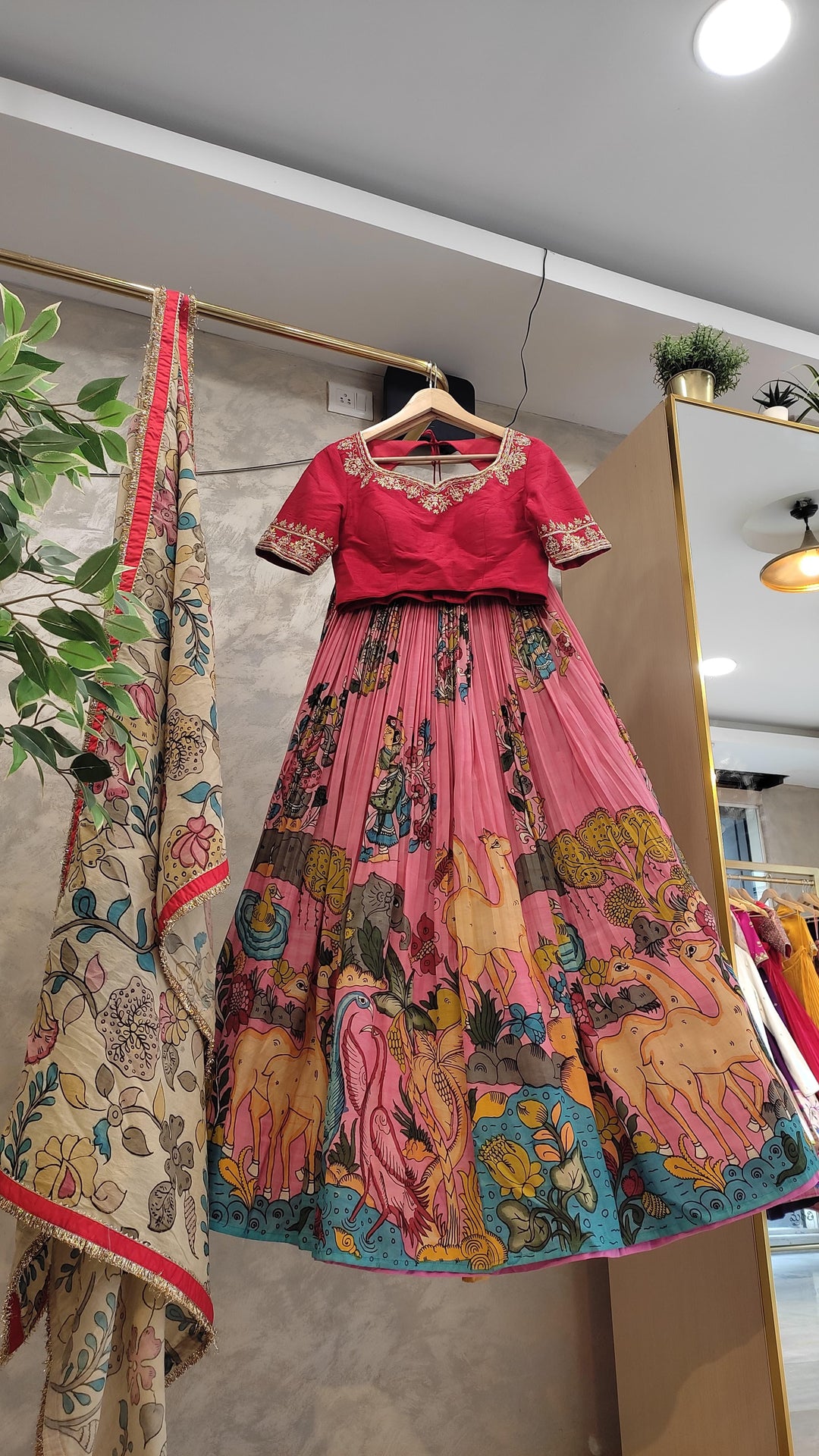 Red & Pink Pen Kalamkari Lehenga