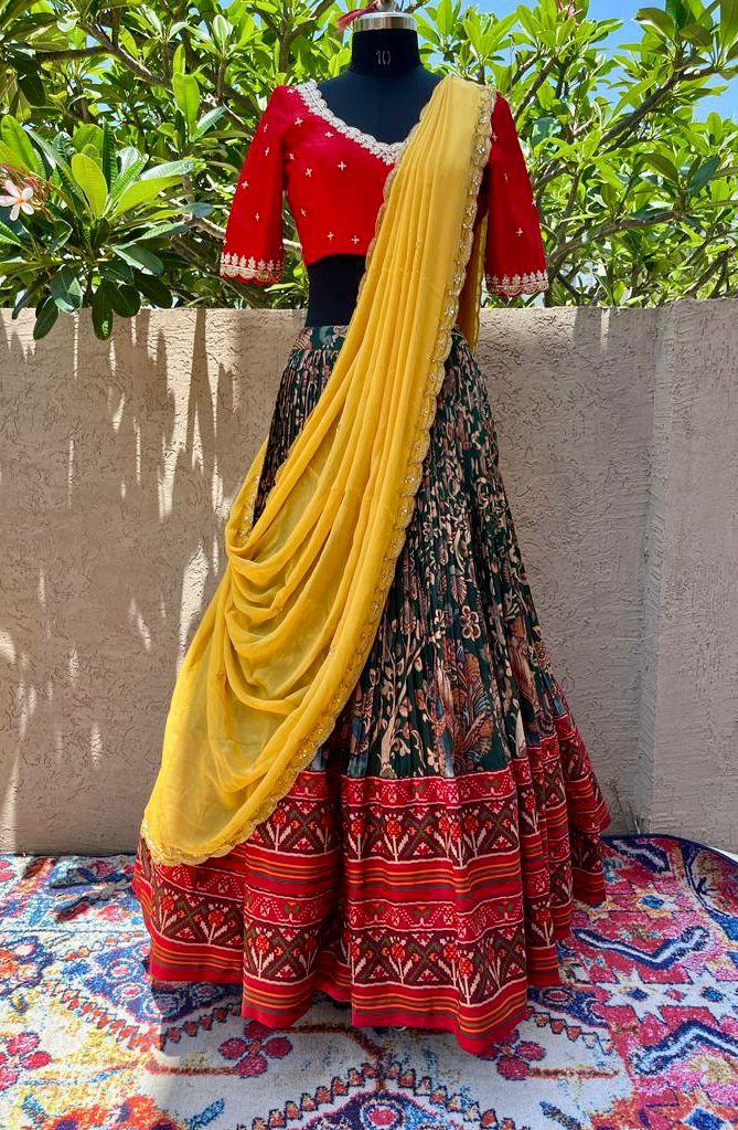Red & Green Kalamkari Silk Lehenga