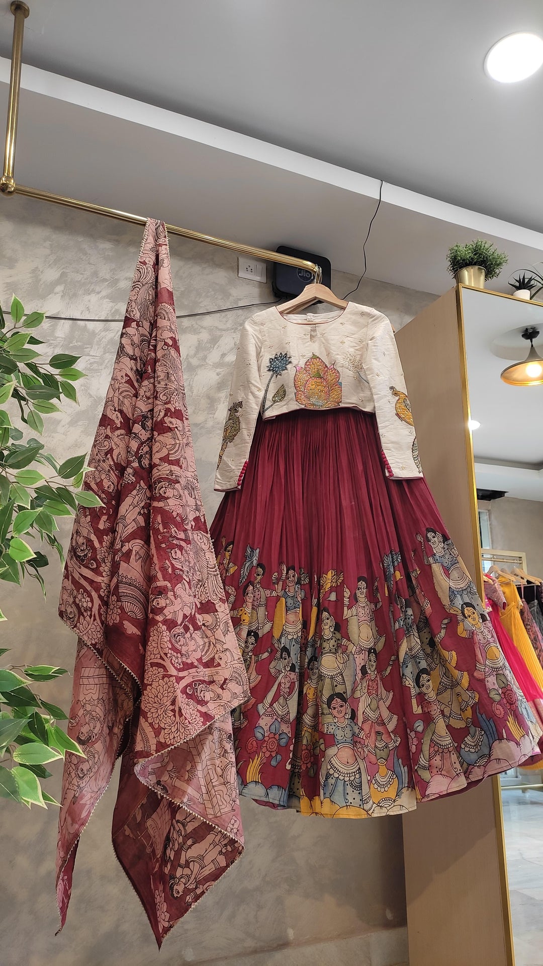 White & Maroon Pen Kalamkari Lehenga