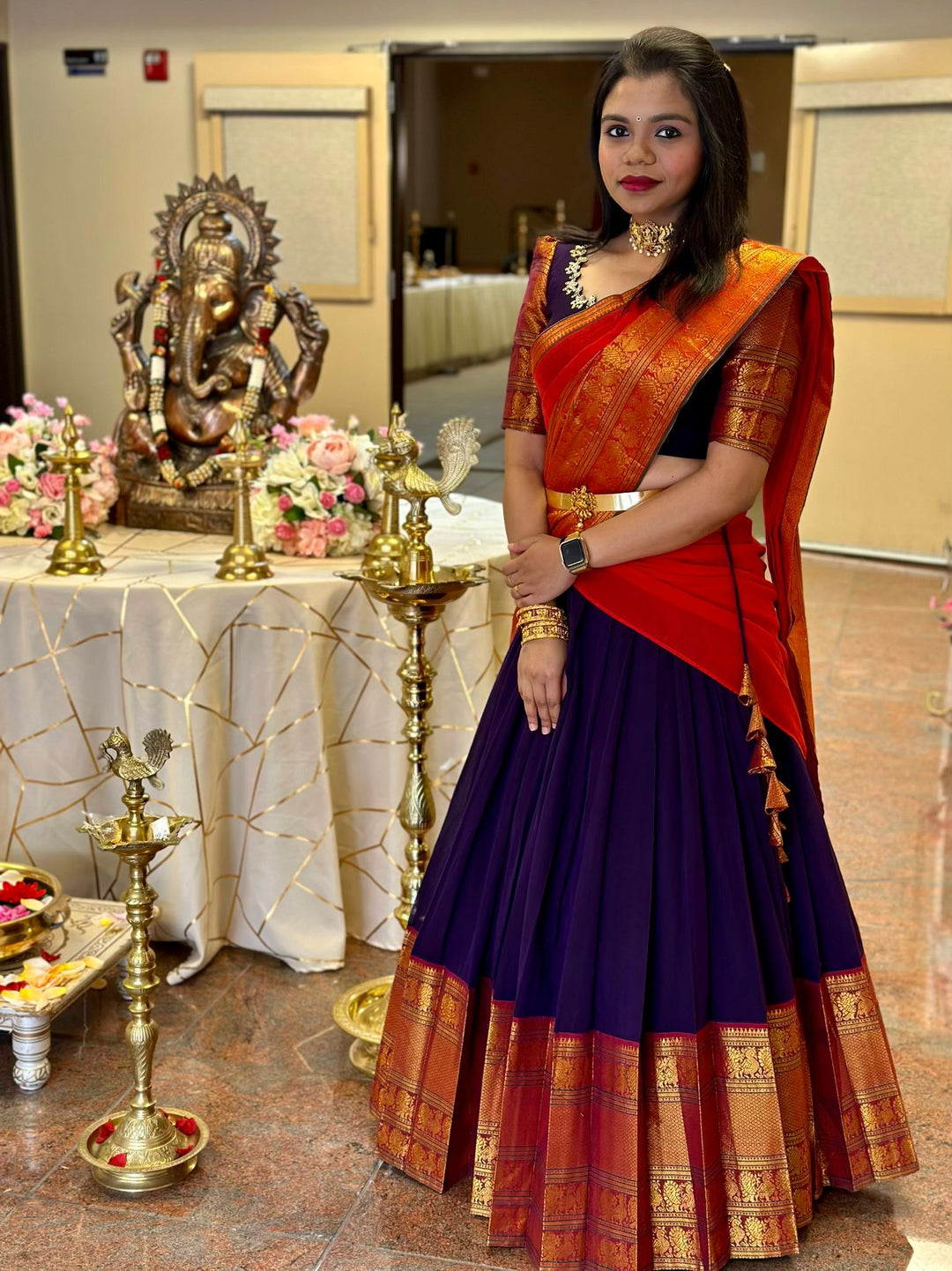 Dark Purple and Red Narayanpet Half Saree