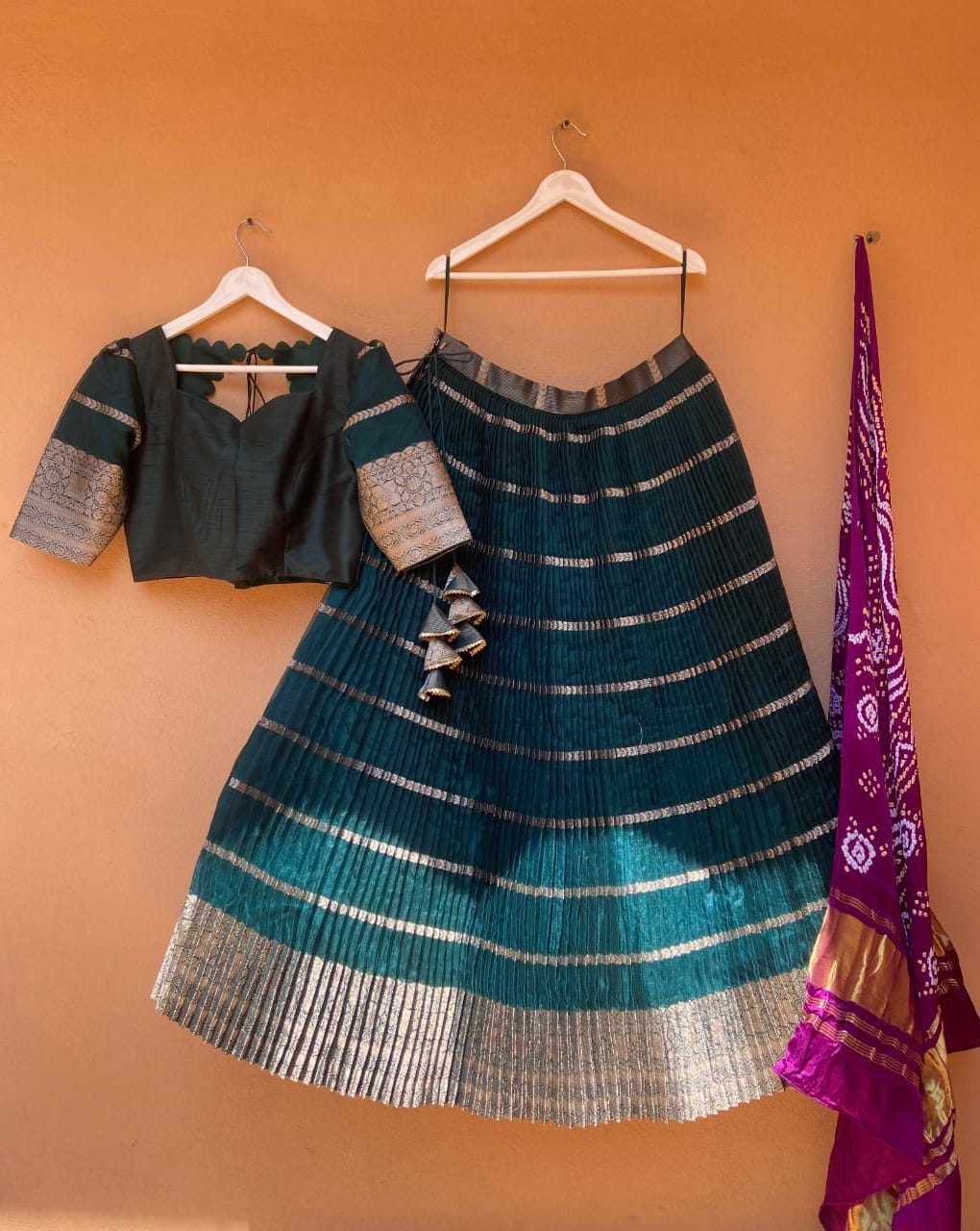 Bottle Green Organza Silk Lehenga