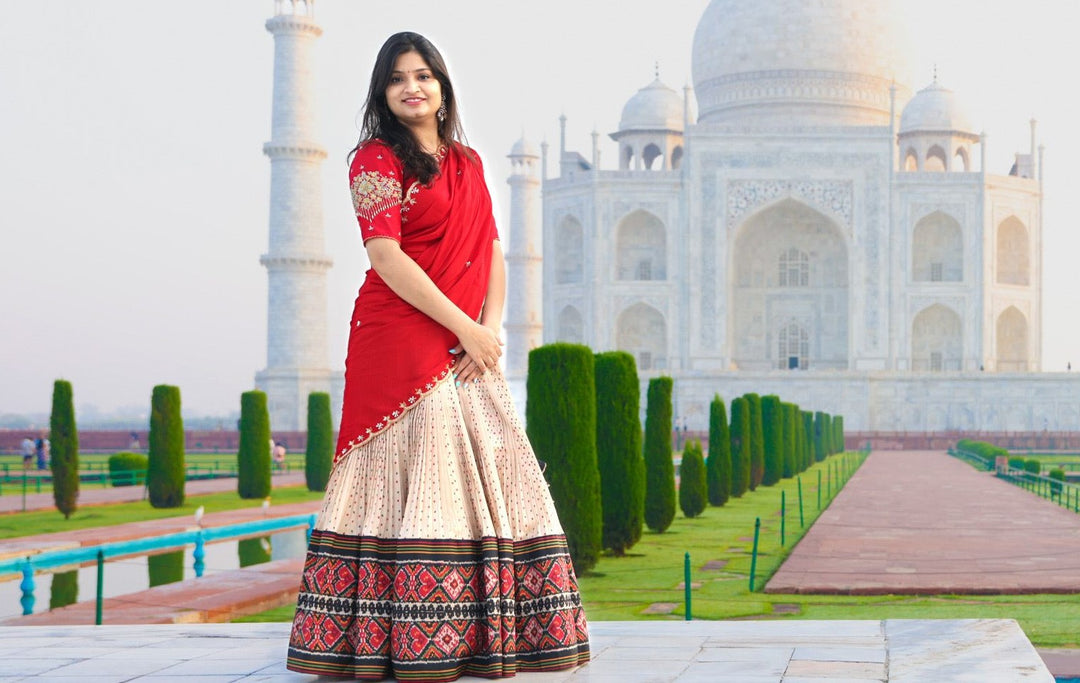 Red and Cream Bandani Patola Lehenga