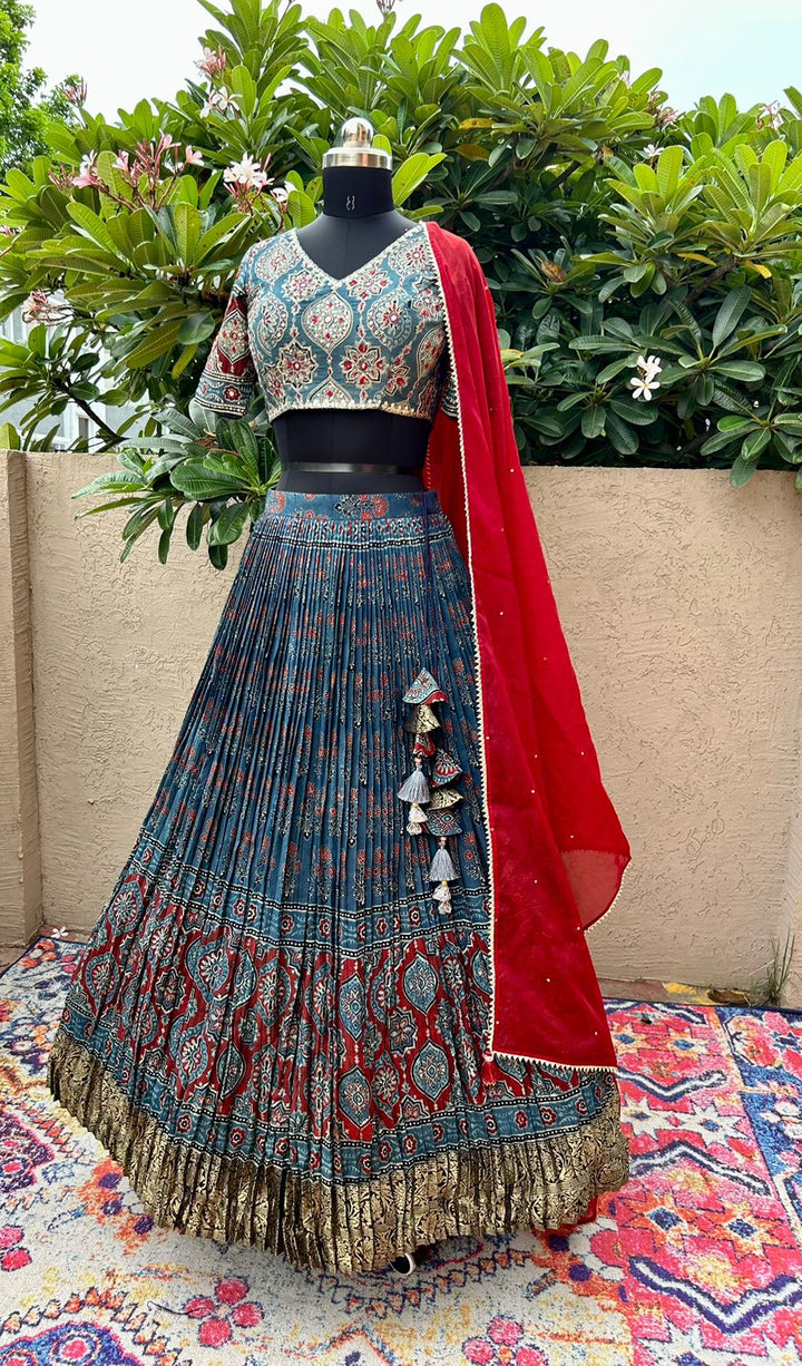 Blue Ajrakh Handloom Silk Lehenga