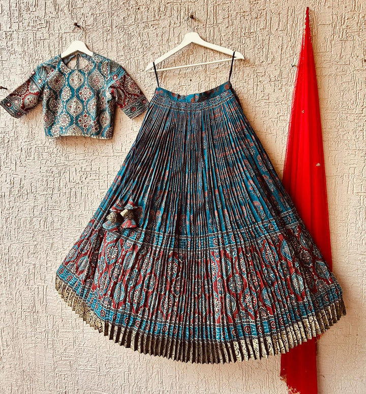 Blue Ajrakh Handloom Silk Lehenga