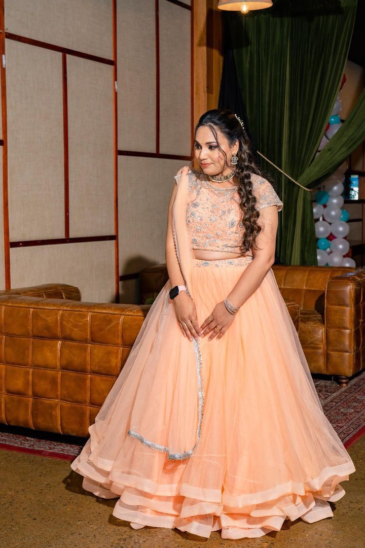 Peach Handwork Net Lehenga