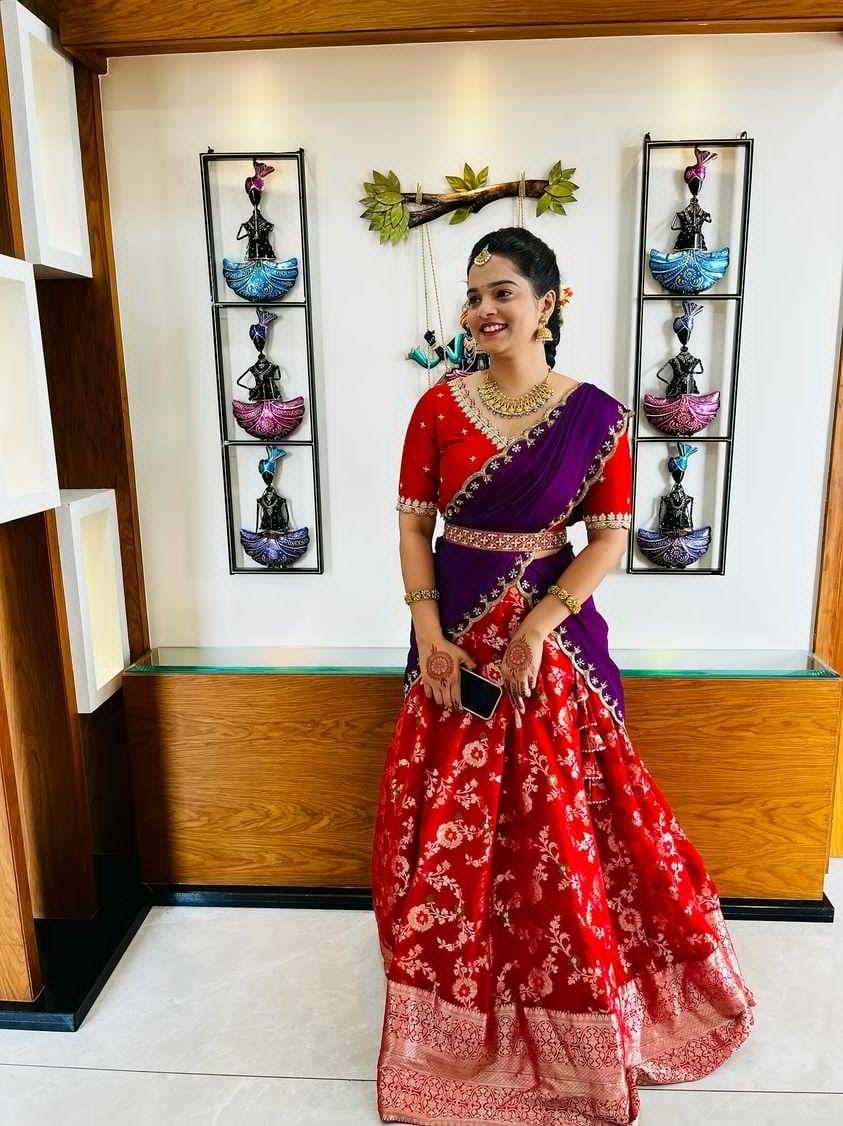 Red Banarasi Organza Silk Lehenga