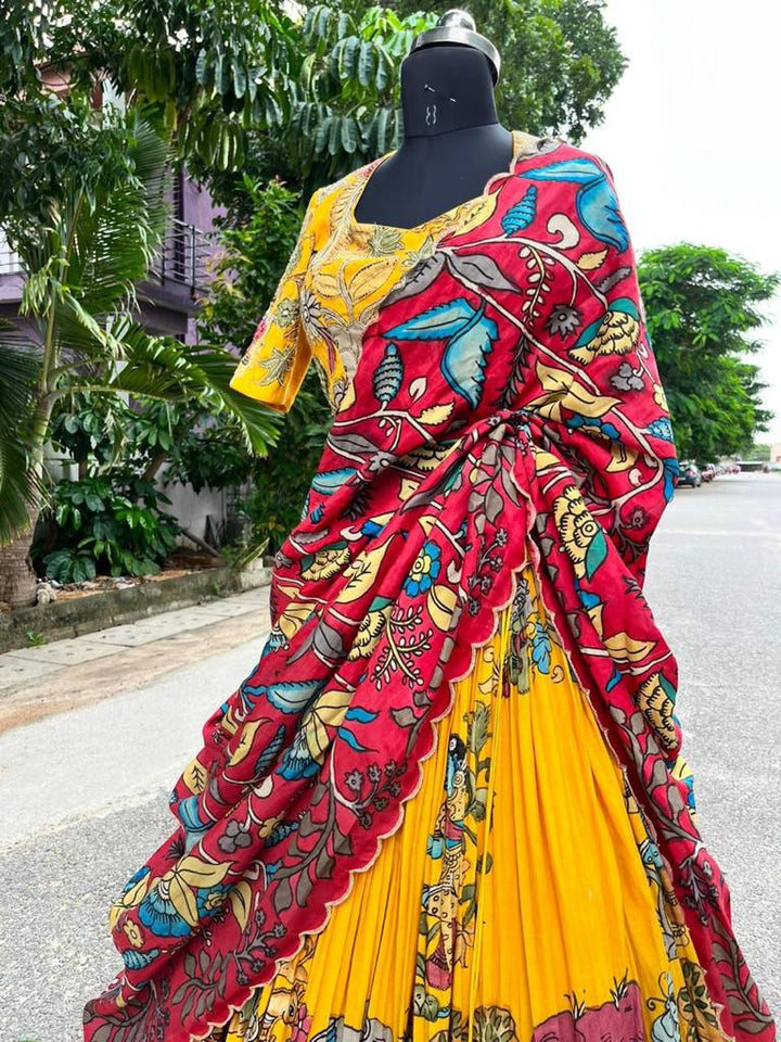 Bright Yellow Kalamkari Silk Lehenga by myRiti, featuring traditional hand-painted designs, perfect for festive occasions and weddings