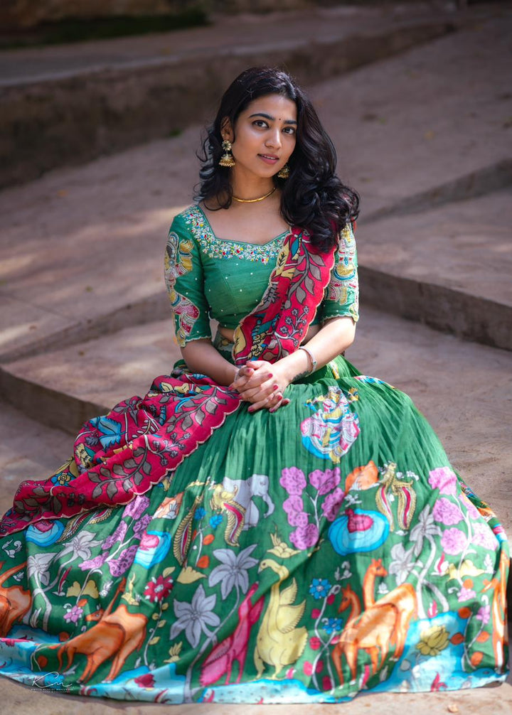 Bright Green Kalamkari Silk Lehenga by myRiti, featuring traditional hand-painted designs, perfect for festive occasions and weddings