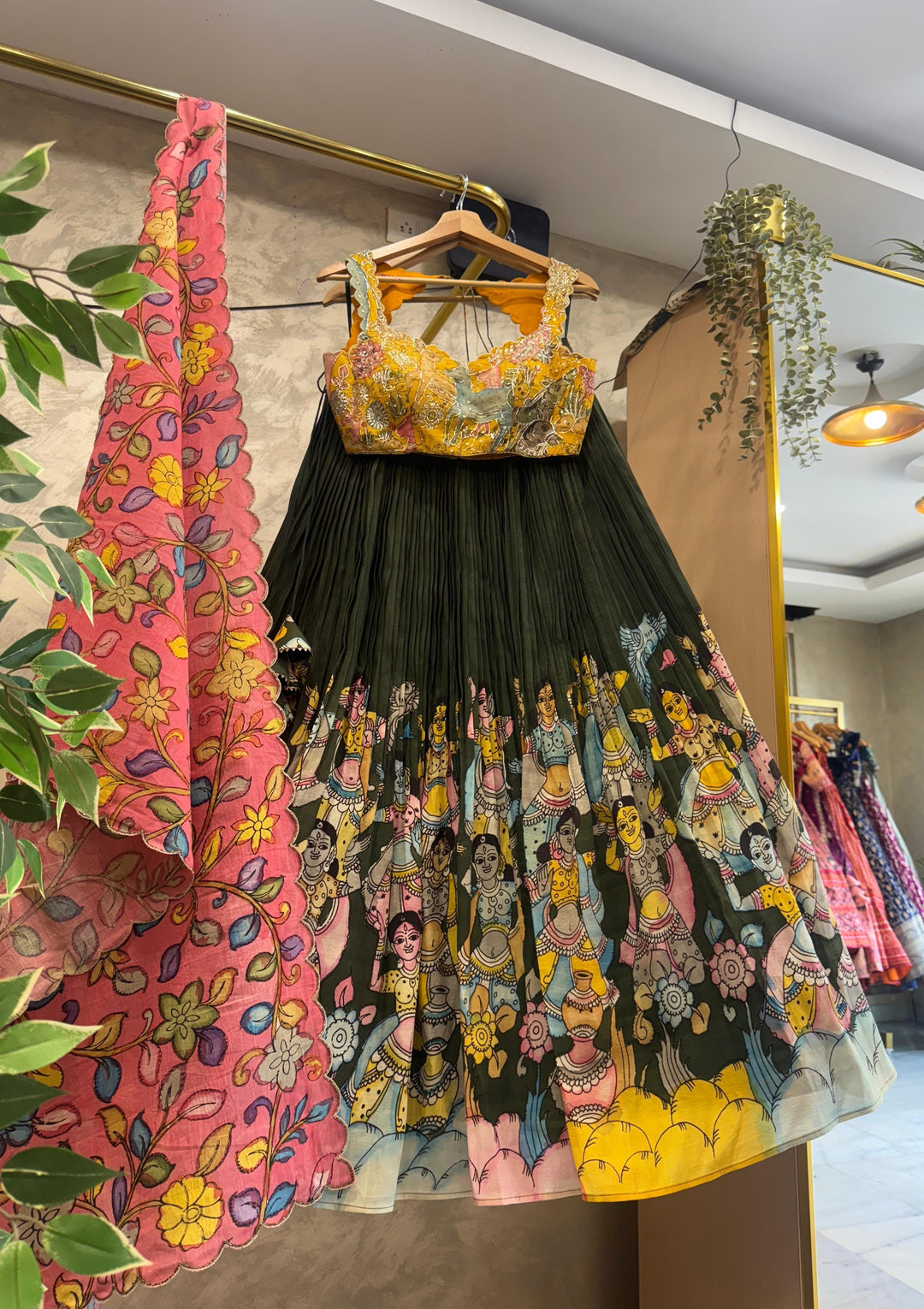 Green and Yellow Pen Kalamkari Lehenga