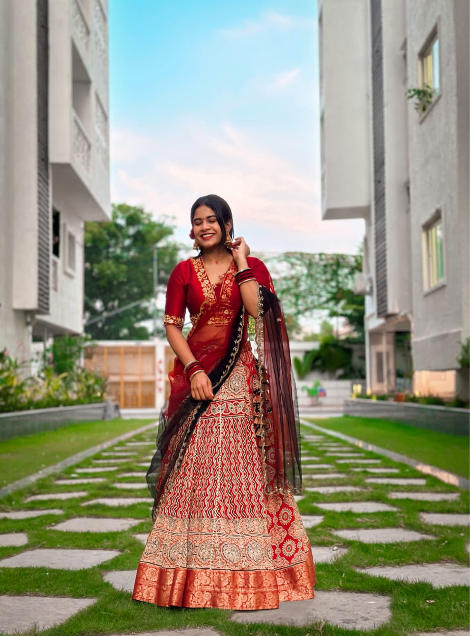 🌻Navrang ~ Ajrakh Handcrafted Lehengas ~ Multicolor Pleads w/ blue polka border