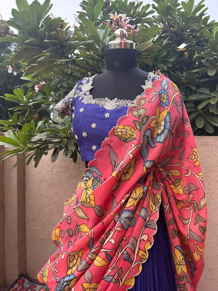 Brinjal Lehenga in Natural Crape with Pure Kalamkari Dupatta