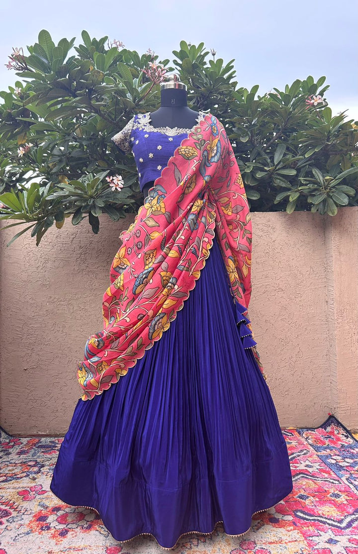 Brinjal Lehenga in Natural Crape with Pure Kalamkari Dupatta