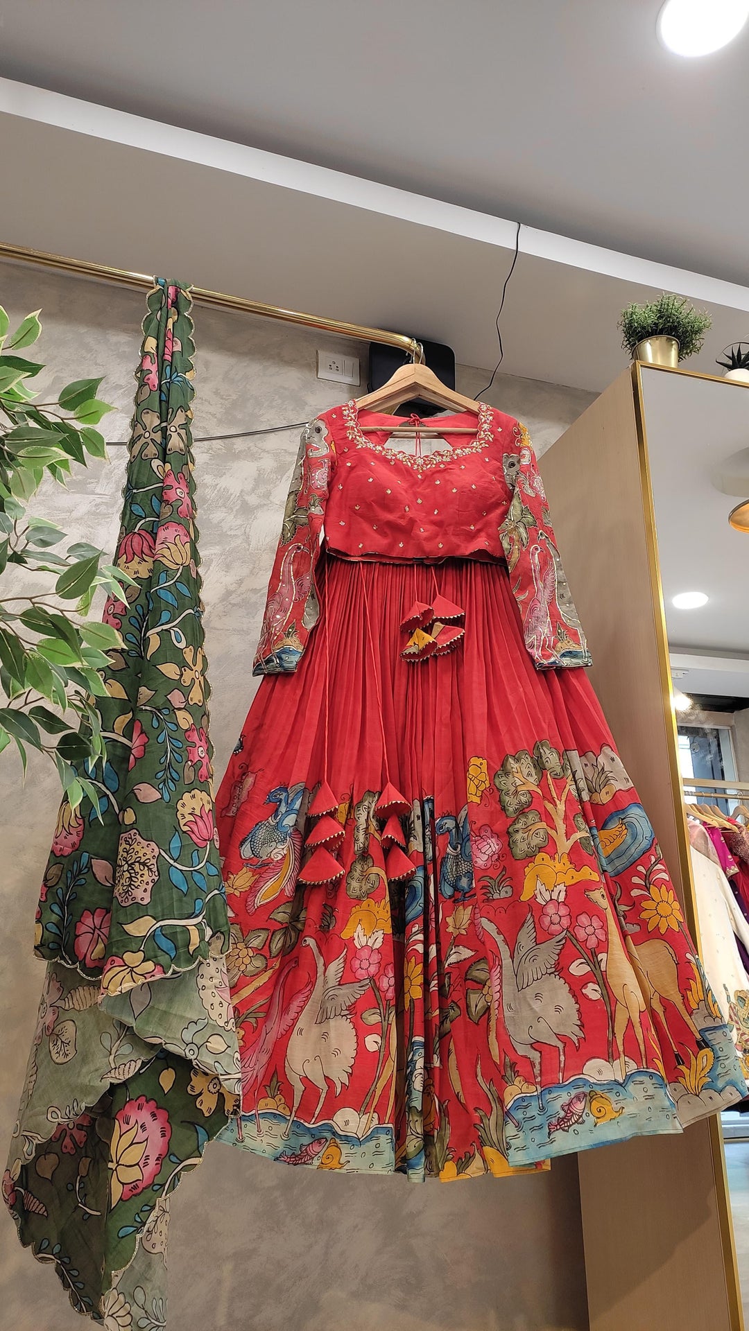 Red & Green Pen Kalamkari Lehenga