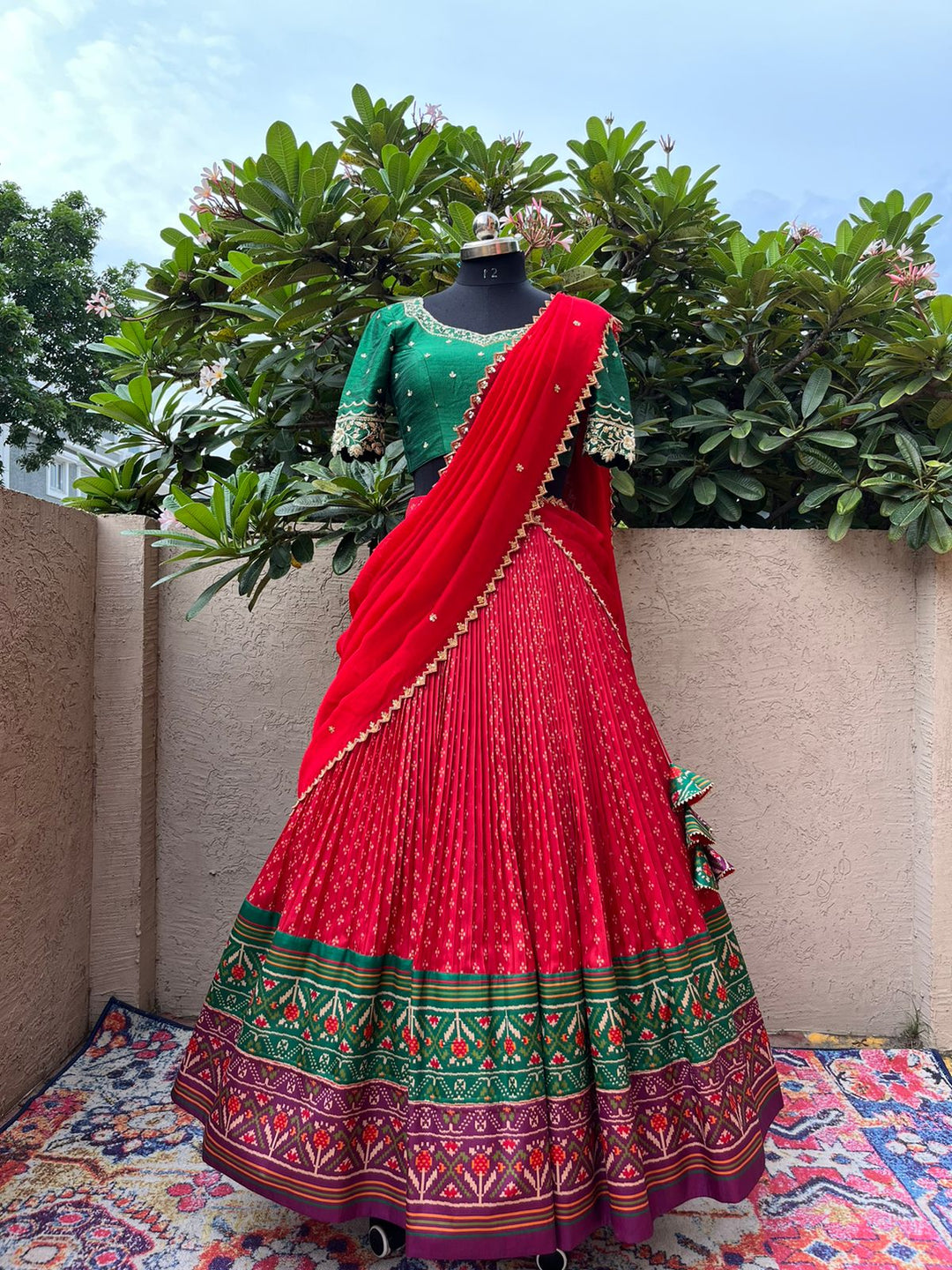 Green & Red Bandani Patola Lehenga