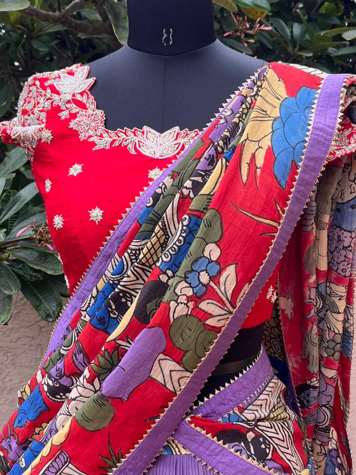 Luxurious Lavender Kalamkari Silk Lehenga by myRiti, showcasing elegant traditional patterns, ideal for modern ceremonial wear.
