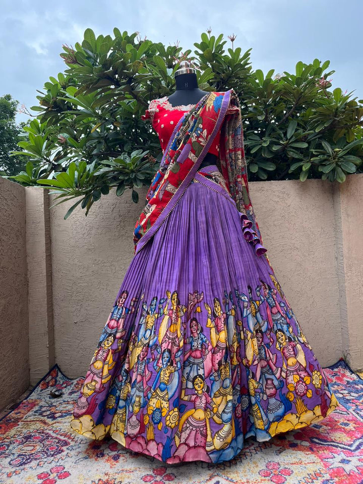 Luxurious Lavender Kalamkari Silk Lehenga by myRiti, showcasing elegant traditional patterns, ideal for modern ceremonial wear.