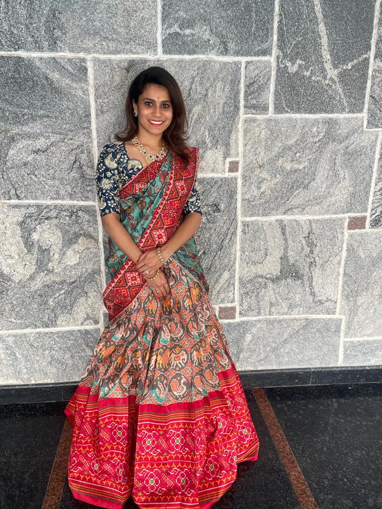 Stylish Blue & Grey Kalamkari Patola Silk Lehenga by myRiti, showcasing elegant patterns and a unique color combination, perfect for exclusive occasions.