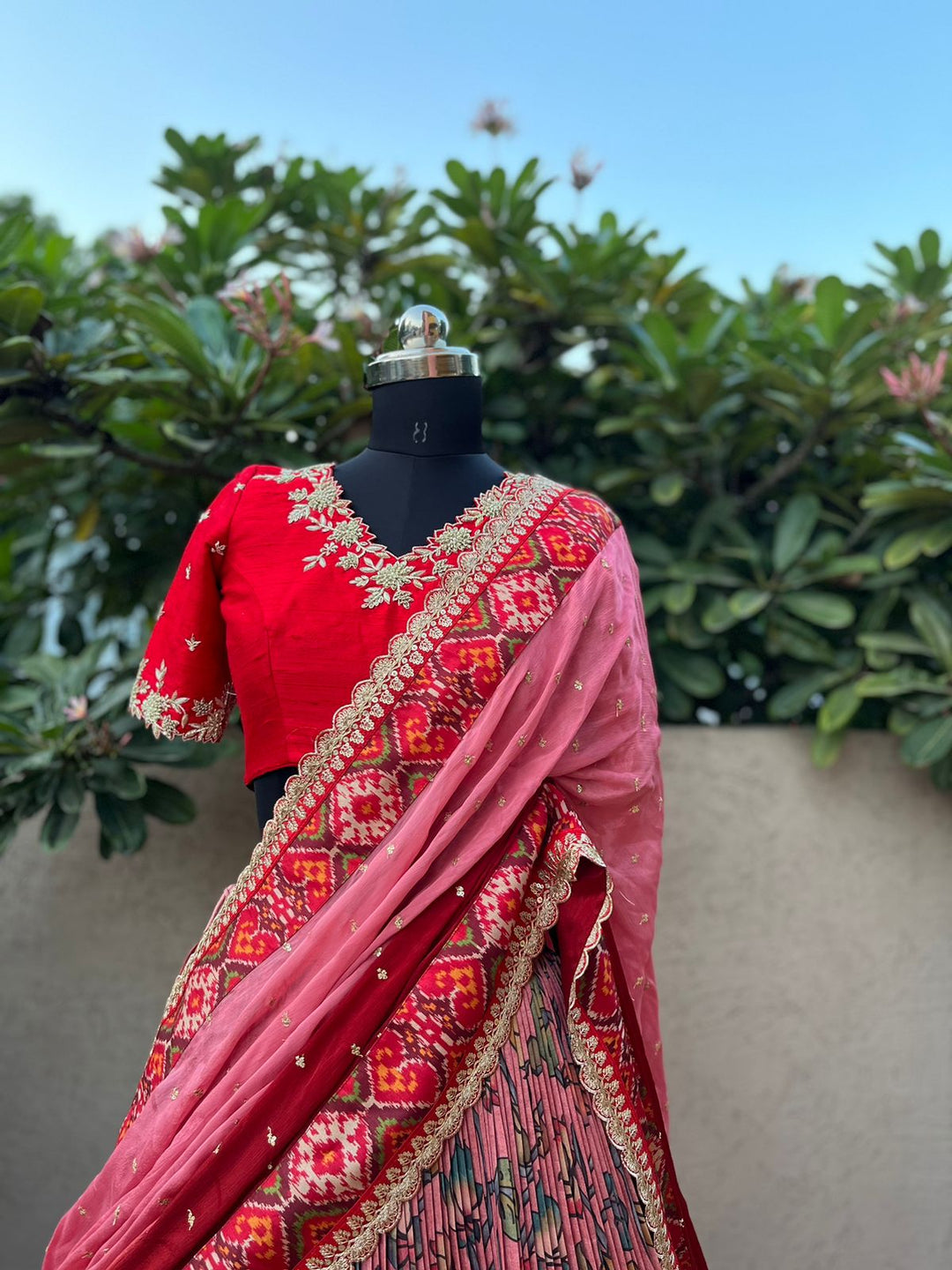 Red & Pink Kalamkari Patola Lehenga