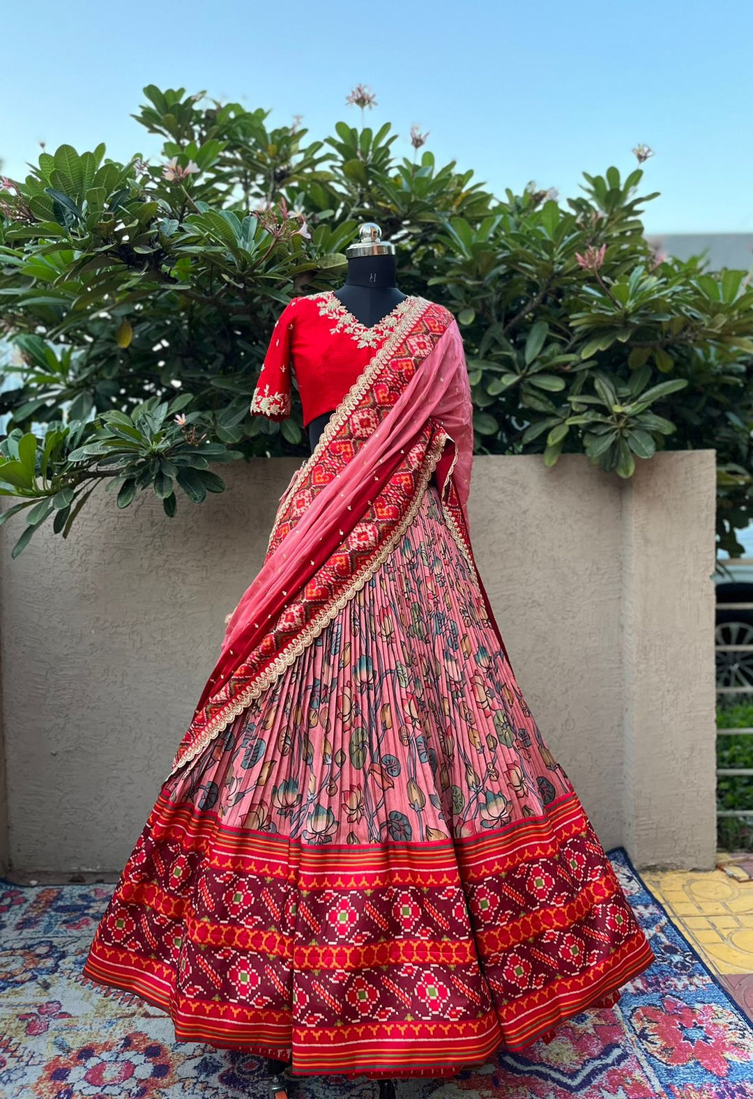 Red & Pink Kalamkari Patola Lehenga