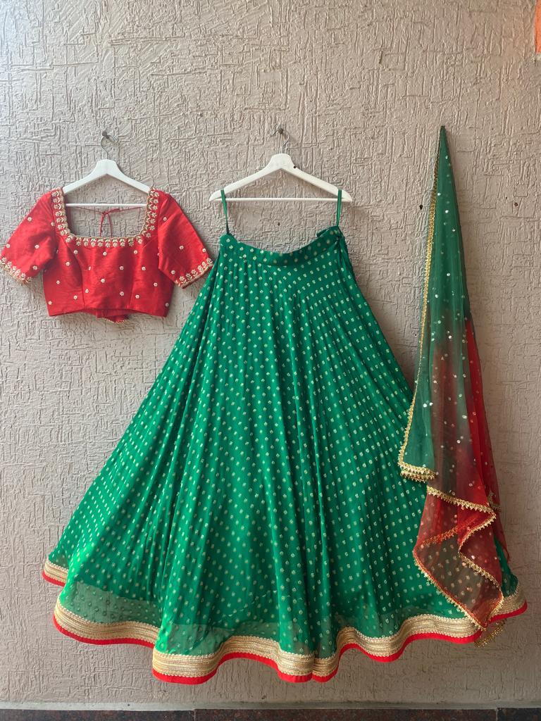 Green red 2025 combination lehenga