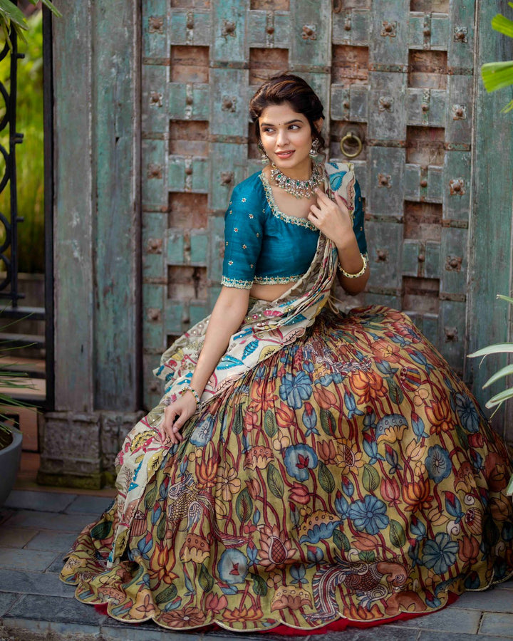 Peacock Blue Kalamkari Silk Lehenga