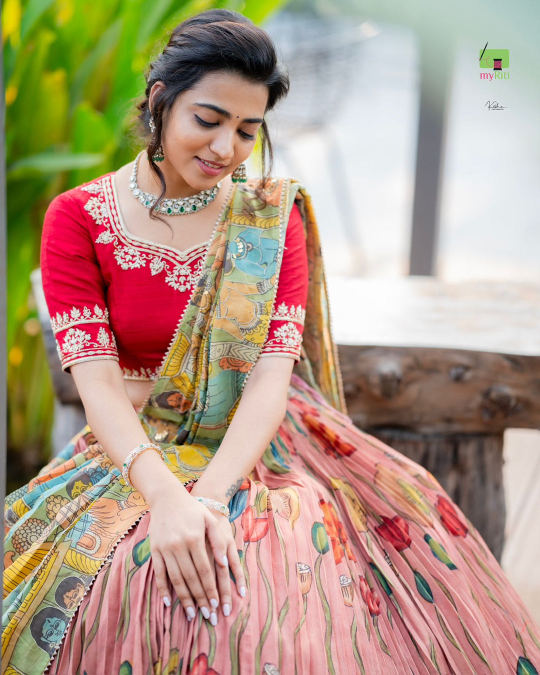 Elegant Red & Peach Kalamkari Silk Lehenga by myRiti, showcasing a beautiful blend of colors and traditional designs, ideal for weddings and special occasions