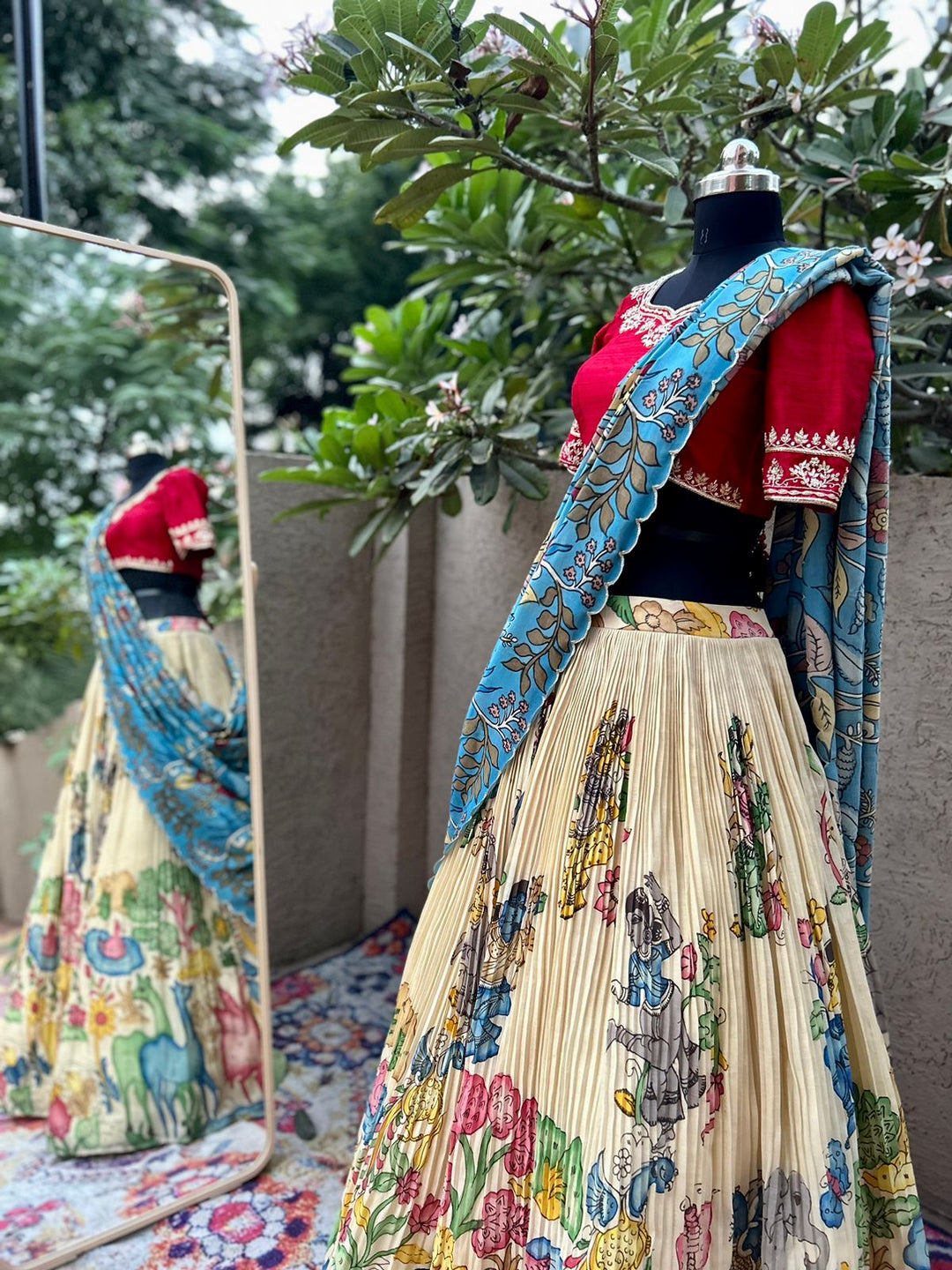Elegant Red and Cream Kalamkari Silk Lehenga by myRiti, featuring intricate traditional Indian patterns