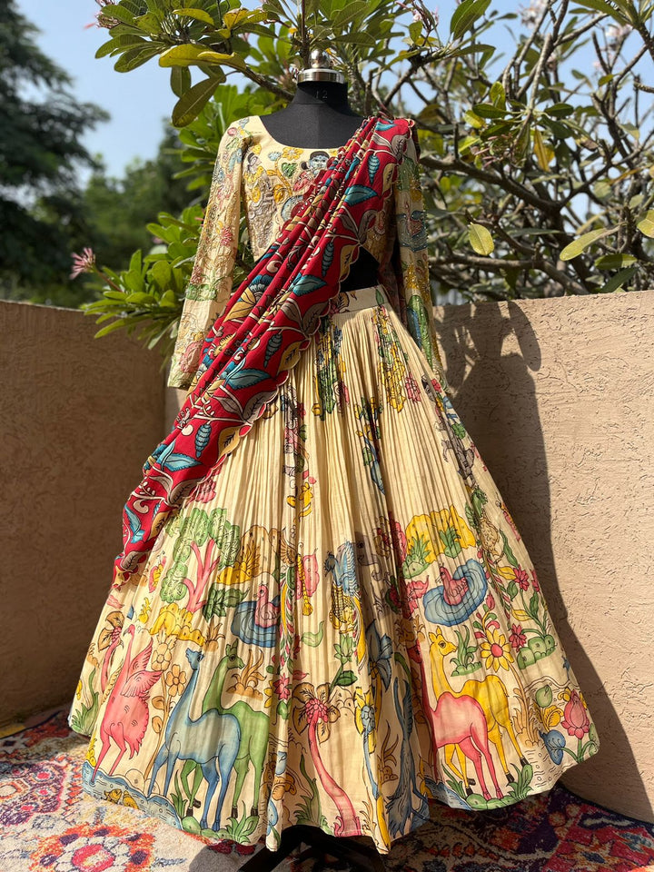 Opulent Cream Kalamkari Silk Lehenga by myRiti, featuring intricate traditional patterns, perfect for elegant occasions