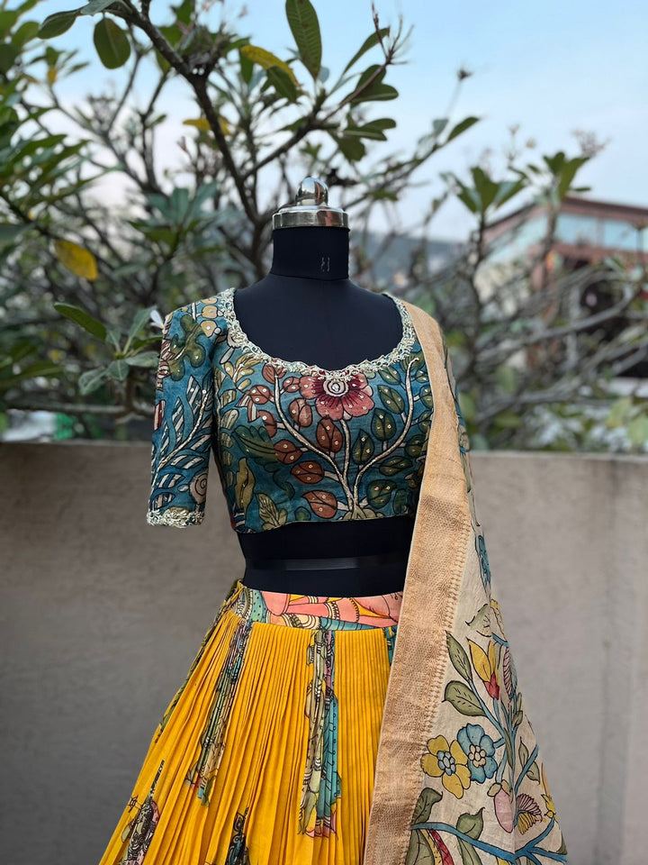 Yellow Kalamkari Silk Lehenga