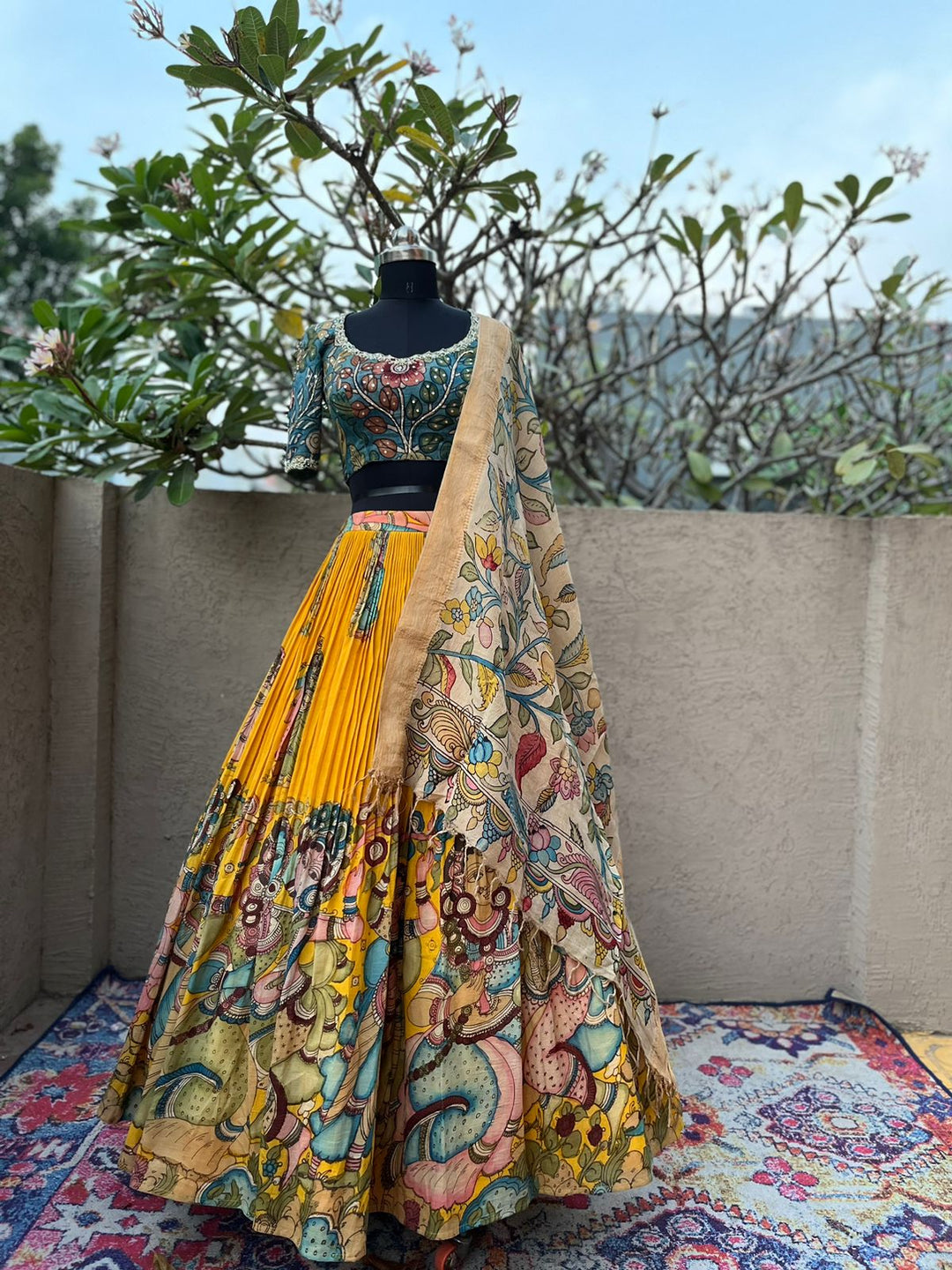 Yellow Kalamkari Silk Lehenga