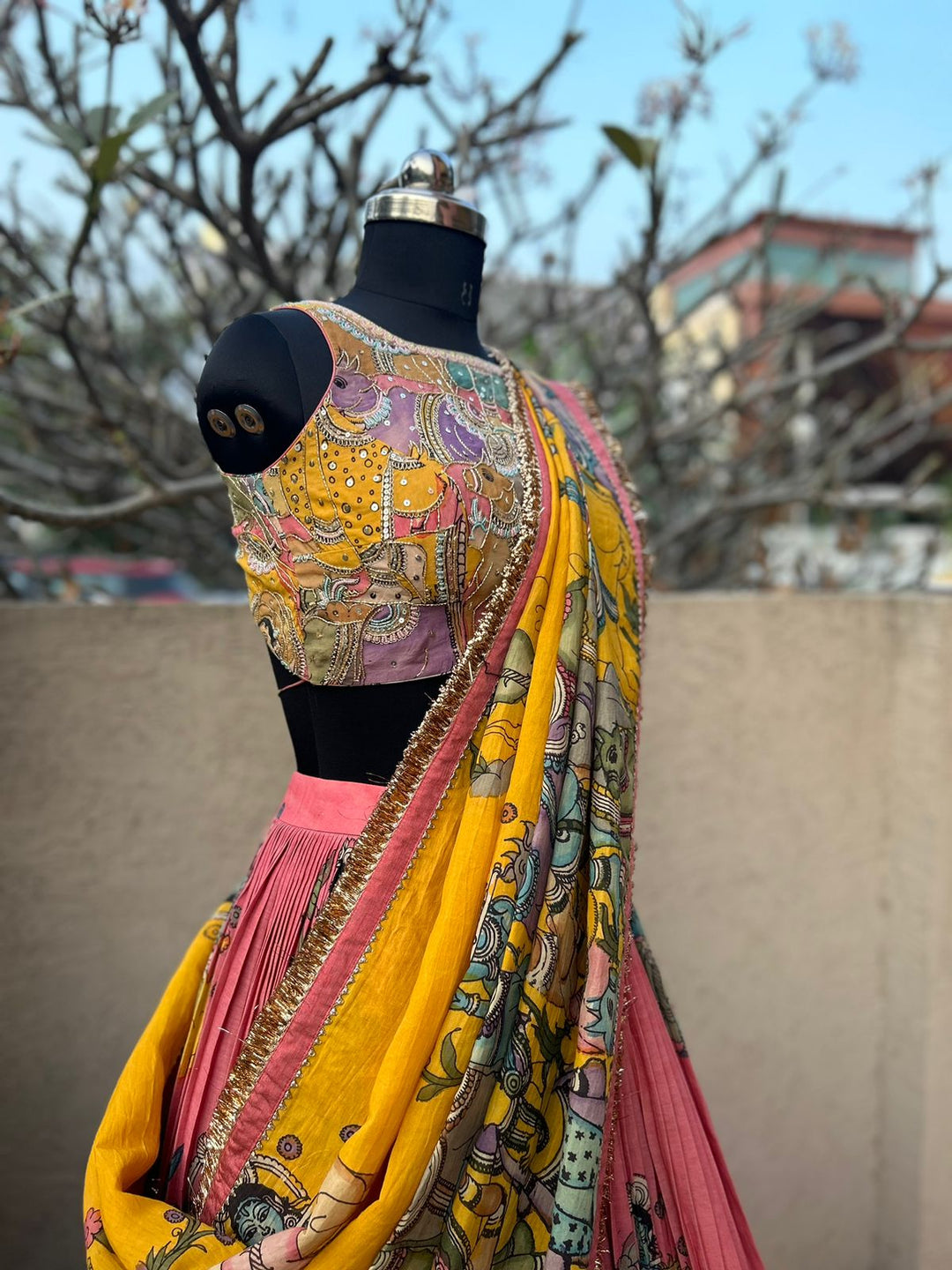 Peachish Pink Kalamkari Silk Lehenga