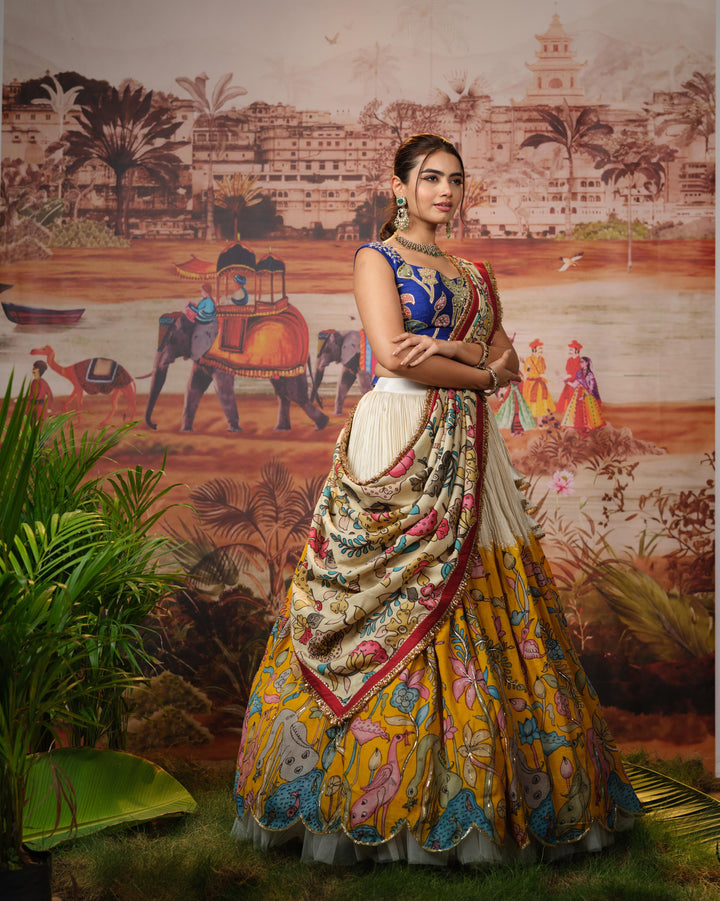 Bridal Blue & Yellow Kalamkari Lehenga