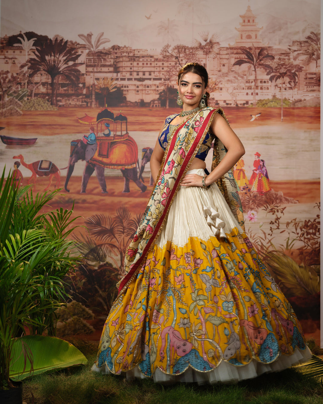 Bridal Blue & Yellow Kalamkari Lehenga