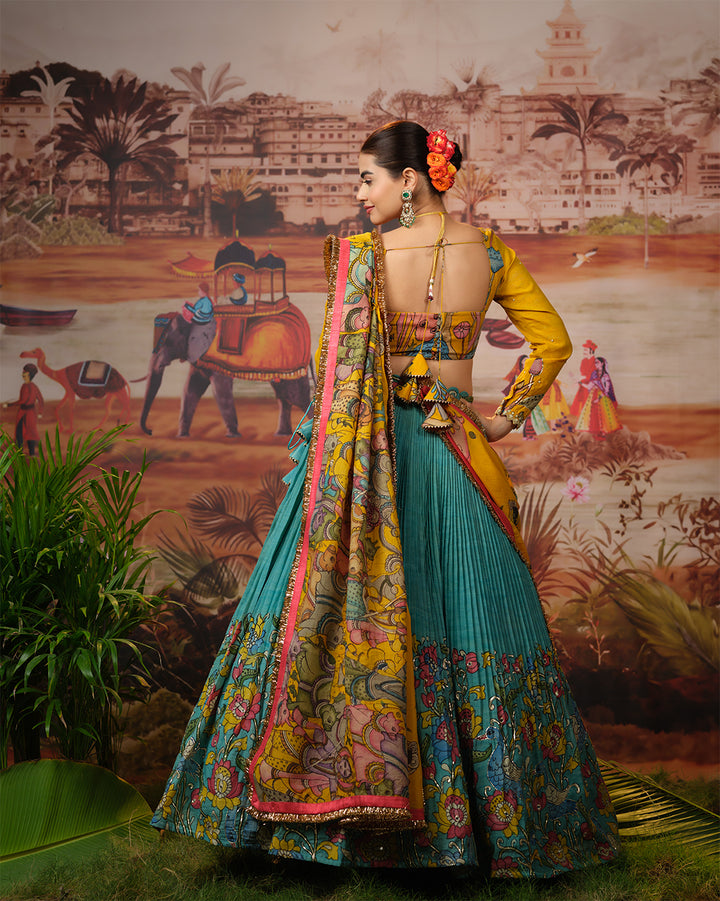 Yellow & Blue Kalamkari Lehenga