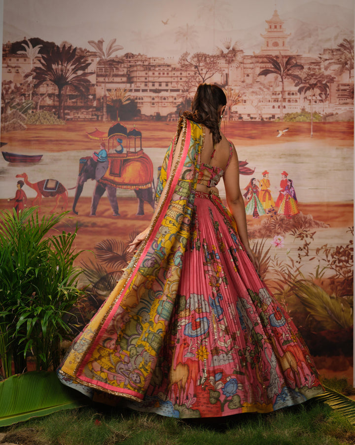 Peachish Pink Kalamkari Silk Lehenga