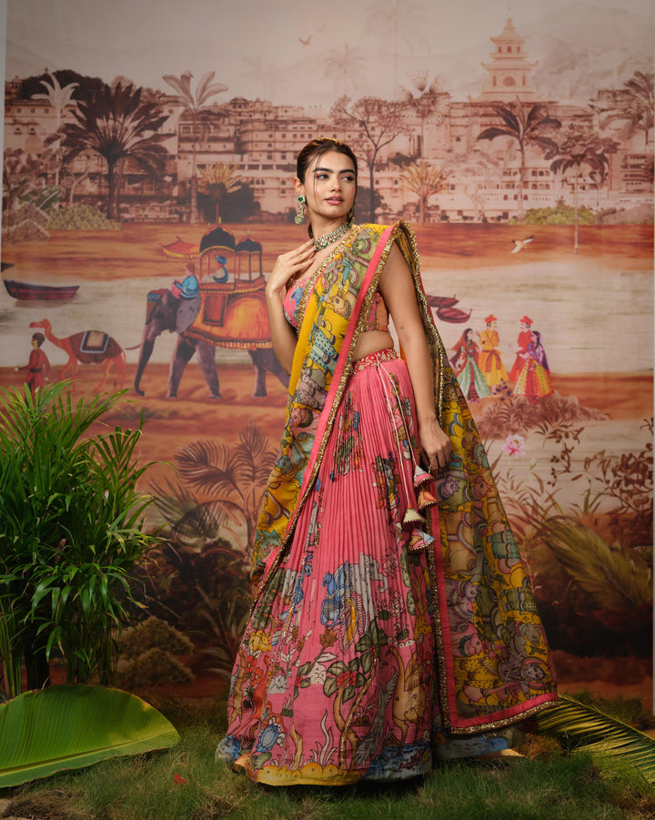 Peachish Pink Kalamkari Silk Lehenga
