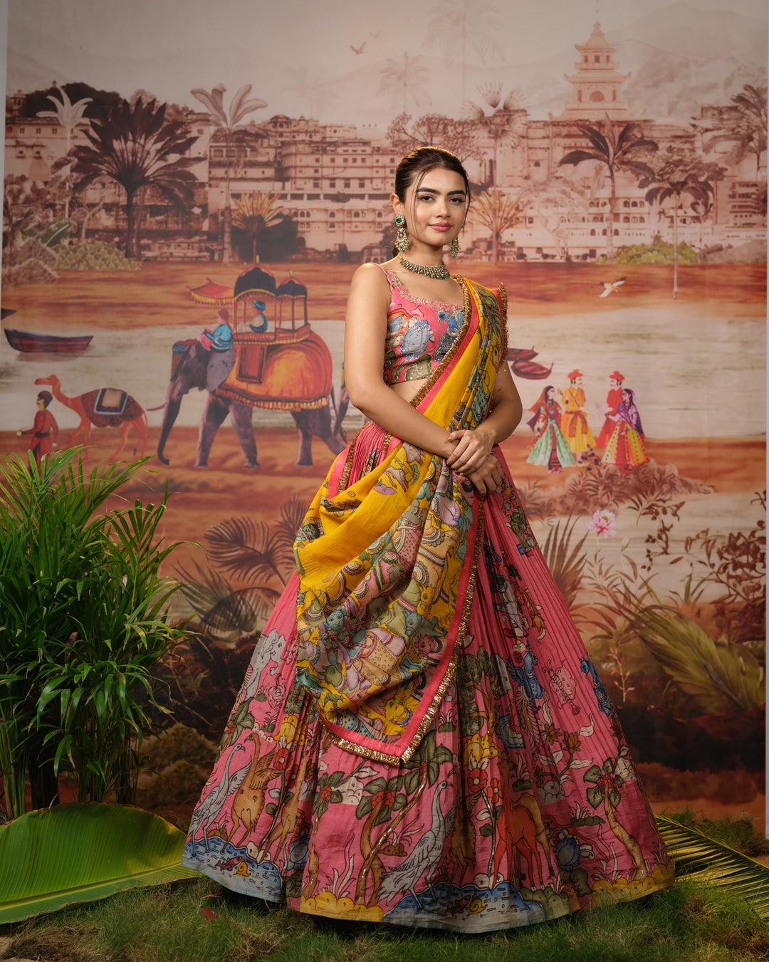 Peachish Pink Kalamkari Silk Lehenga