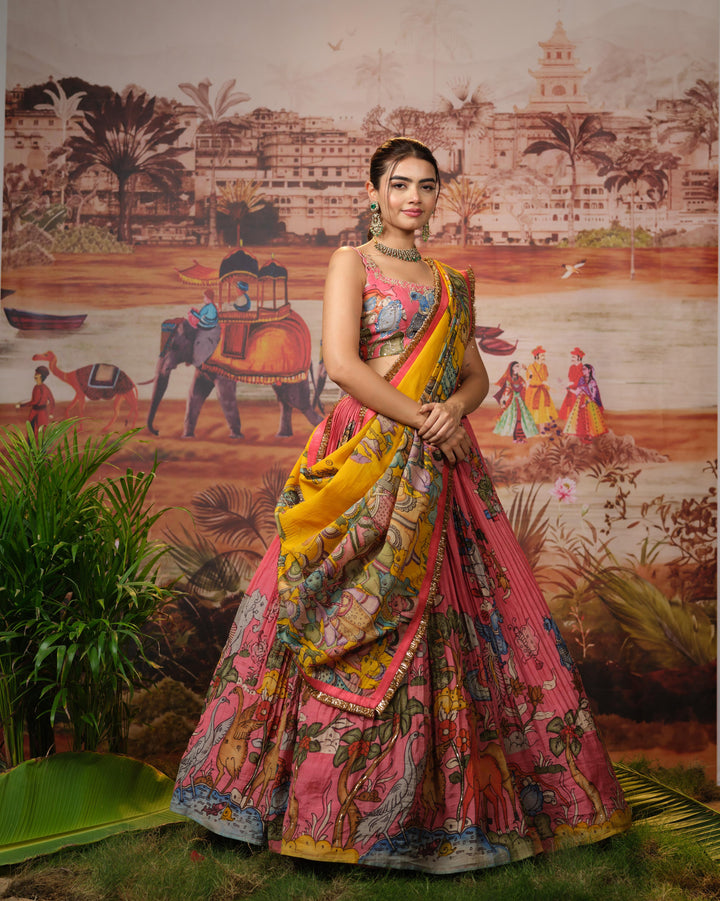 Peachish Pink Kalamkari Silk Lehenga