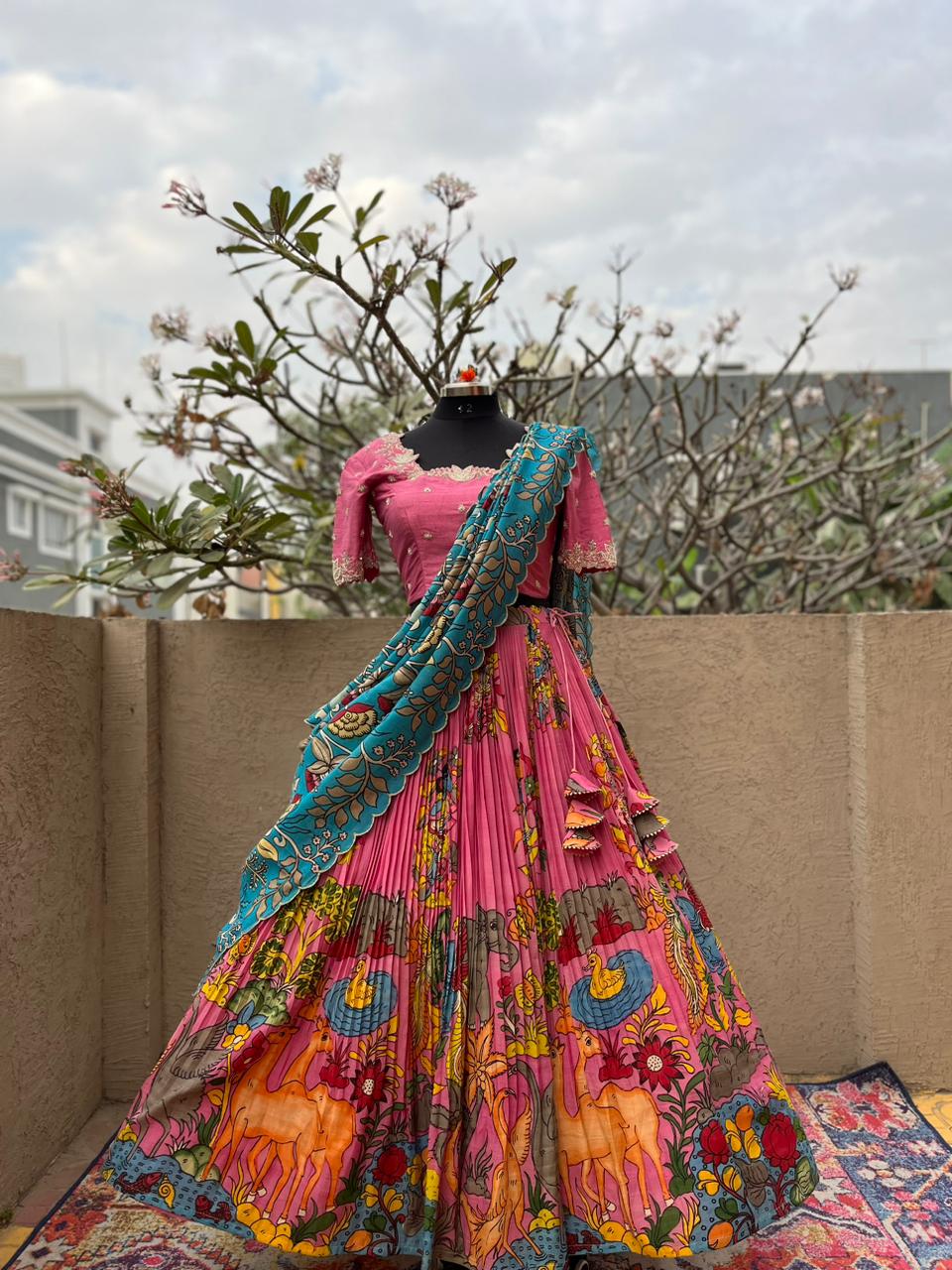 Pink Kalamkari Silk Lehenga