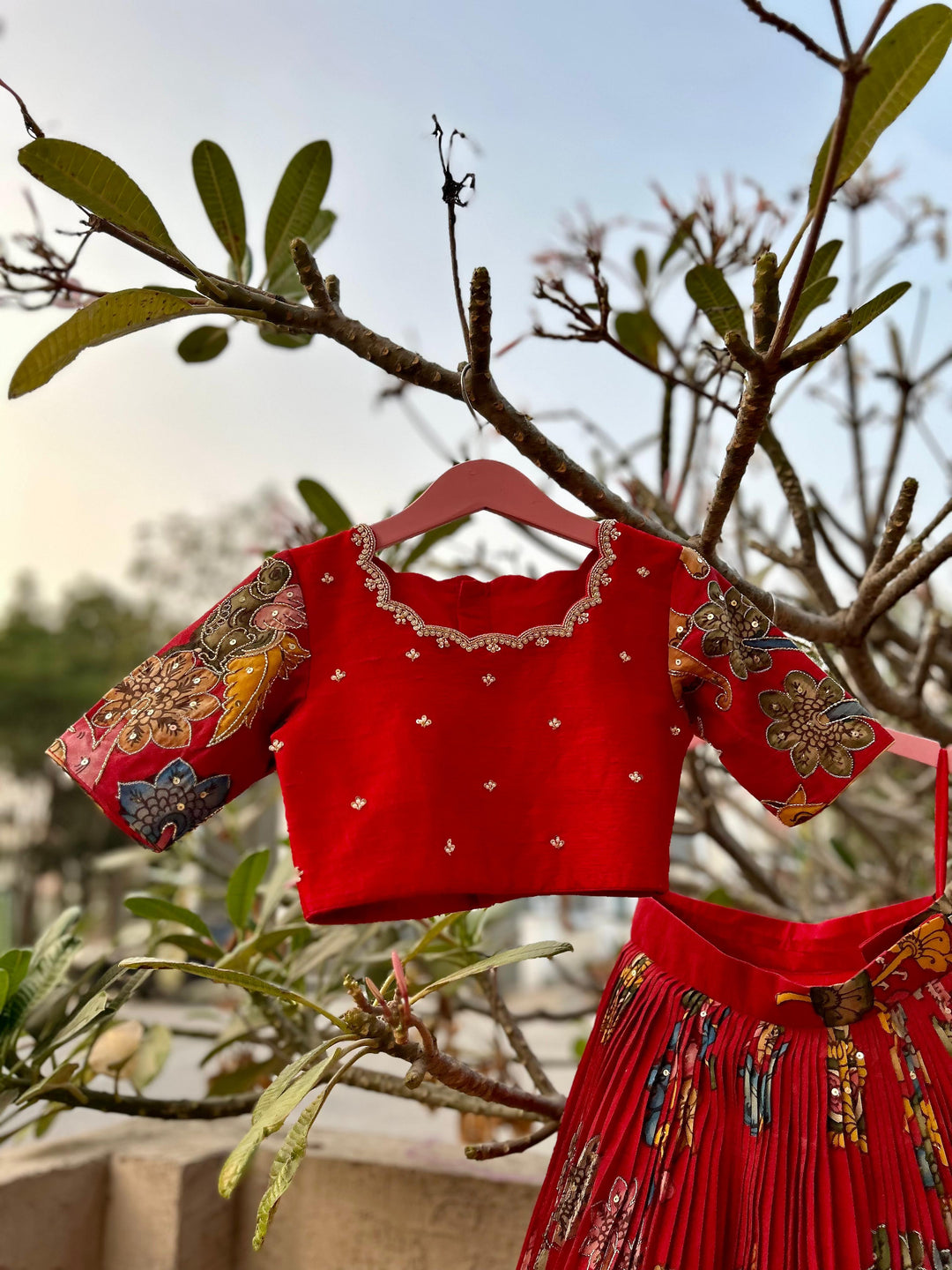 Red Kalamkari Silk Lehenga
