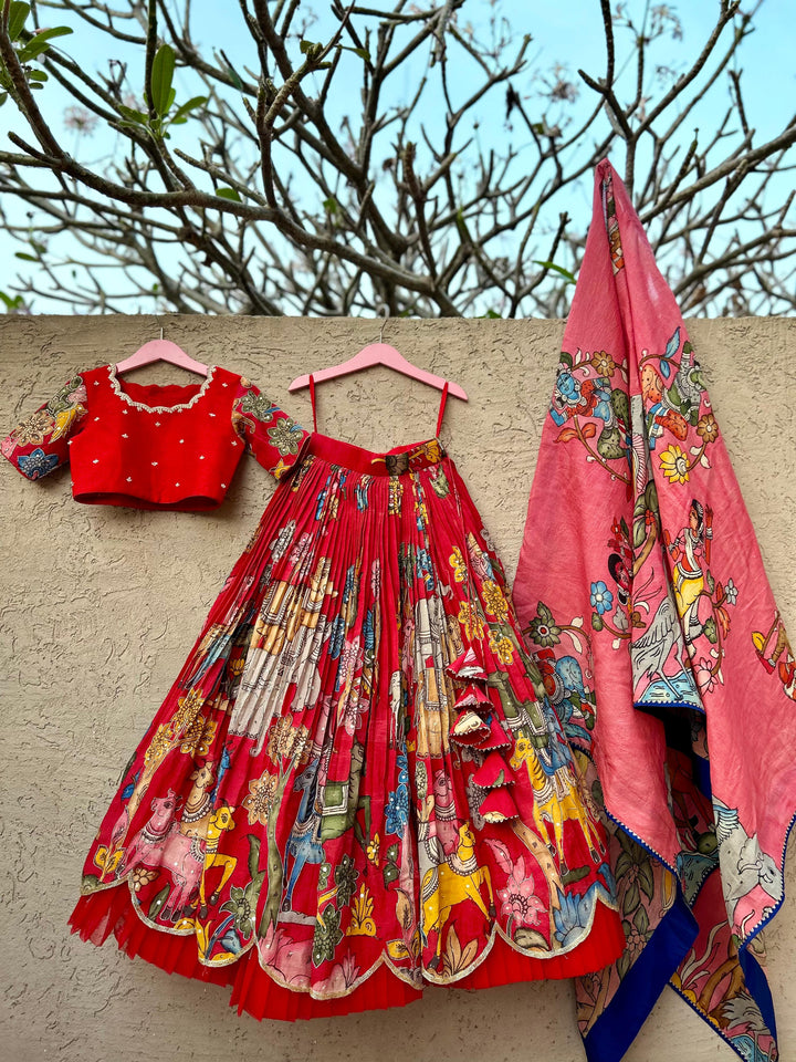 Red Kalamkari Silk Lehenga
