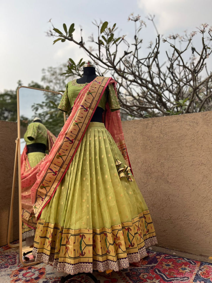 Pista Green Pure Kota Silk Lehenga