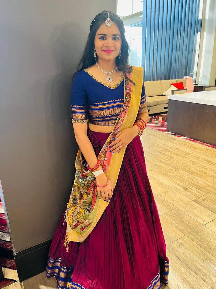 Blue and Magenta Pure Silk Narayanpet Lehenga