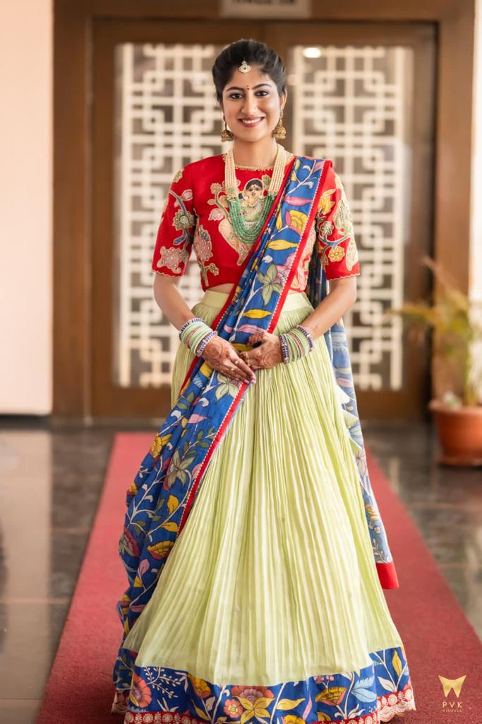 Red & Pista Green Tissue Lehenga
