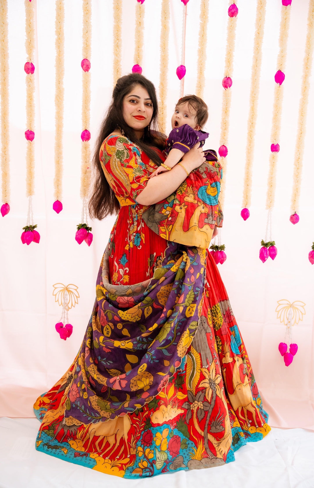 Mom Daughter Red Kalamkari Silk Lehenga