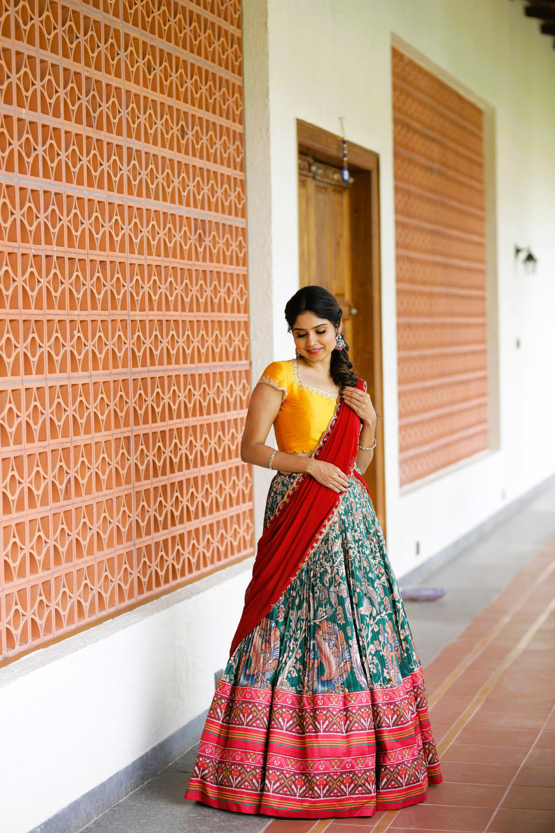 Yellow & Green Kalamkari Silk Lehenga